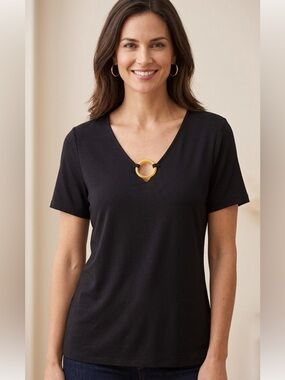 INC International Concepts Black Short-Sleeve V-Neck Top with Gold Ring